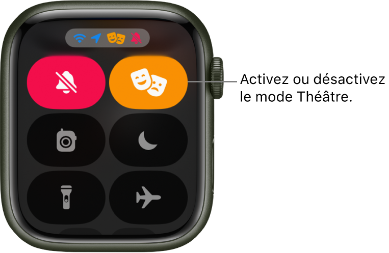 Le centre de contrôle avec les boutons des modes Théâtre et Silence en évidence pour indiquer que le mode Théâtre est activé.