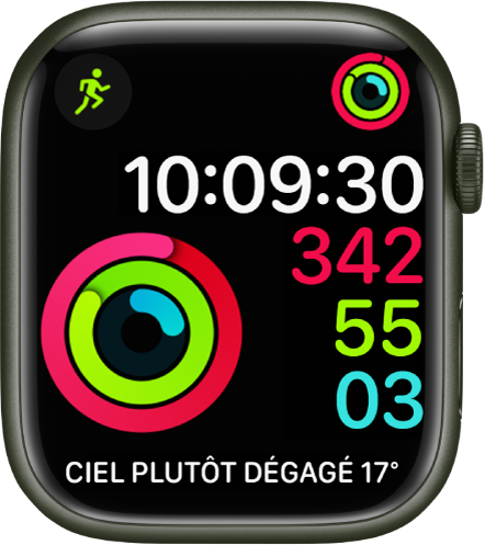 Cadran Activité numérique montrant l’heure ainsi que la progression vers les objectifs Me lever, Bouger et M’entraîner. Il y a aussi trois complications : Exercice en haut à gauche, Activité en haut à droite et Conditions météo en bas.
