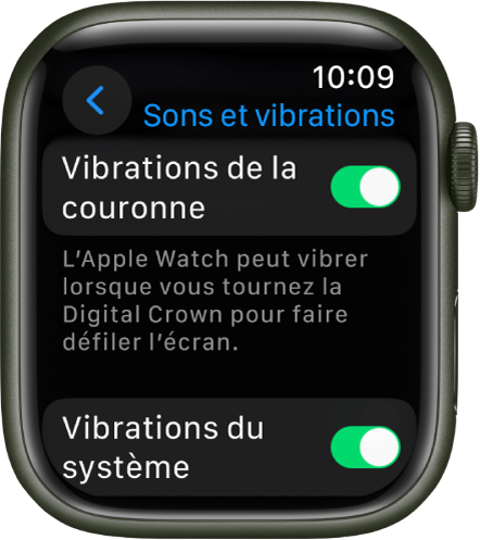 L’écran Vibrations de la couronne, avec le bouton Vibrations de la couronne en position « activé ». Le commutateur « Vibrations du système » figure en dessous.