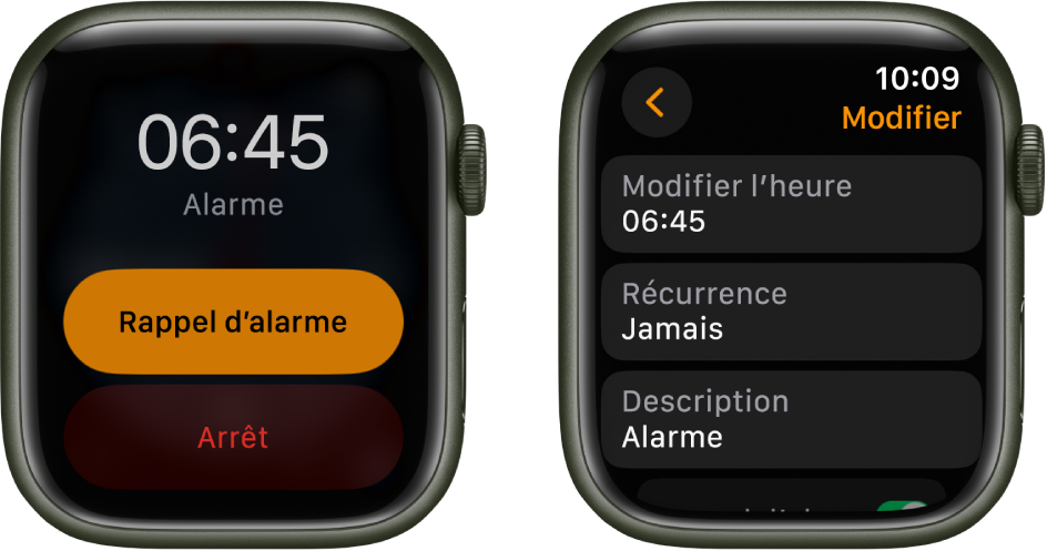 Deux écrans de la montre : le premier montre un cadran avec les boutons Rappel et Arrêter, tandis que le deuxième montre les réglages Modifier avec les boutons « Modifier l’heure », Répéter et Description. Un bouton Rappel se trouve en bas.