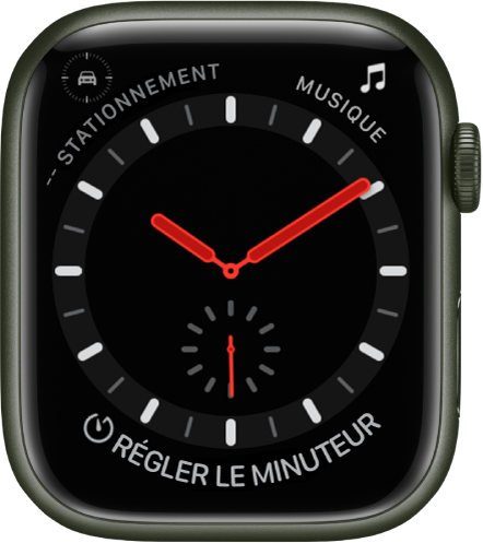 Le cadran Exploration représente une montre analogique. Il affiche trois complications : Repère de stationnement en haut à gauche, Musique en haut à droite et Minuteur en bas.