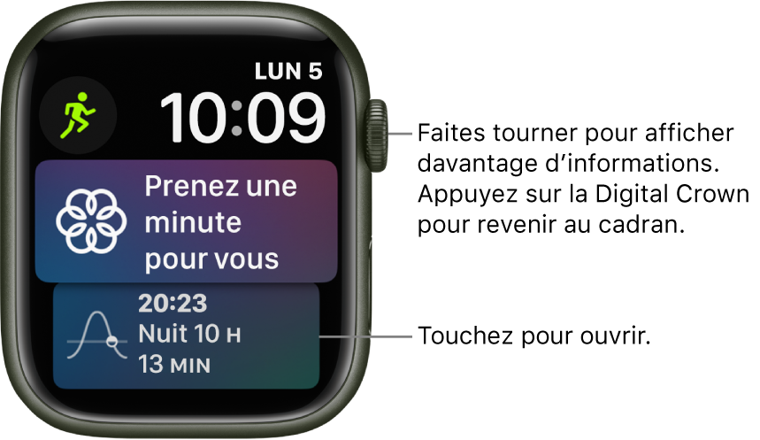 Cadran Siri avec l’heure et la date en haut à droite. Une complication Exercice se trouve en haut à gauche. En dessous se trouve une complication Pleine conscience. En bas figure la complication Jour/Nuit.