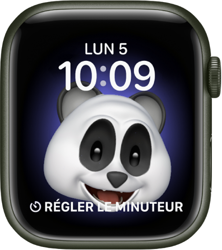 Le cadran Memoji, sur lequel vous pouvez modifier le personnage Memoji et une complication en bas. Touchez l’écran pour animer le Memoji. La date et l’heure sont en haut et la complication Minuteur est en bas.