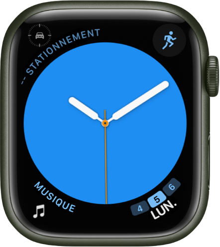 Cadran Couleur, sur lequel vous pouvez modifier la couleur du cadran. Il affiche quatre complications : Repère de stationnement en haut à gauche, Exercice en haut à droite, Musique en bas à gauche et Calendrier en bas à droite.