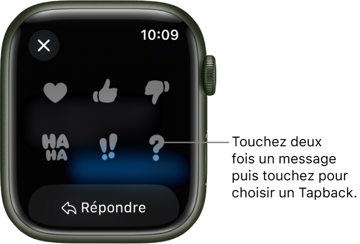 Conversation Messages avec des options Tapback : cœur, pouce vers le haut, vers le bas, Ha Ha, !! et ?. Un bouton de réponse se trouve en dessous.