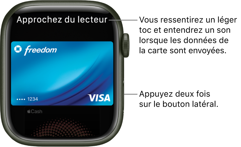 Écran Apple Pay avec « Approcher du lecteur pour payer » en haut. Vous ressentez un léger toc et entendez un son lorsque les données de la carte ont été envoyées.