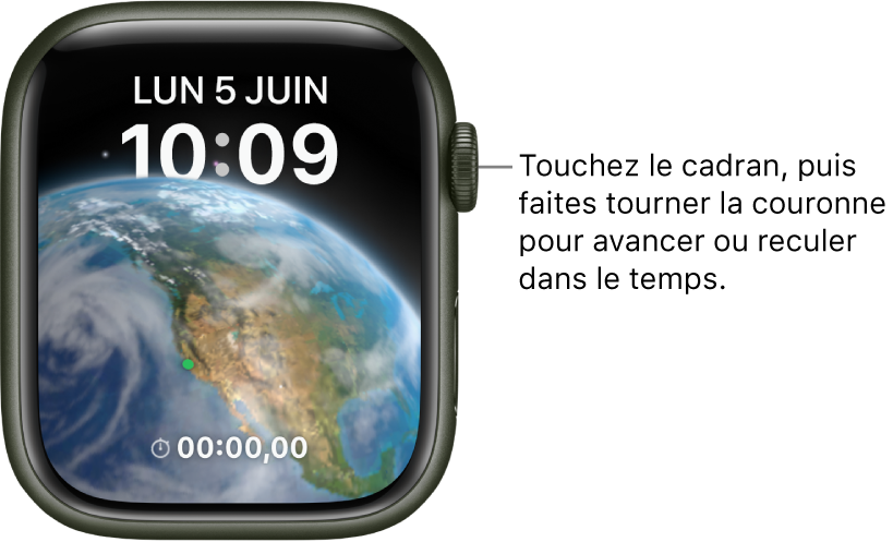 Cadran Astronomie, qui montre le jour, la date et l’heure. Une complication de minuteur se trouve en bas. Touchez le cadran, puis faites tourner la Digital Crown pour avancer ou reculer dans le temps.