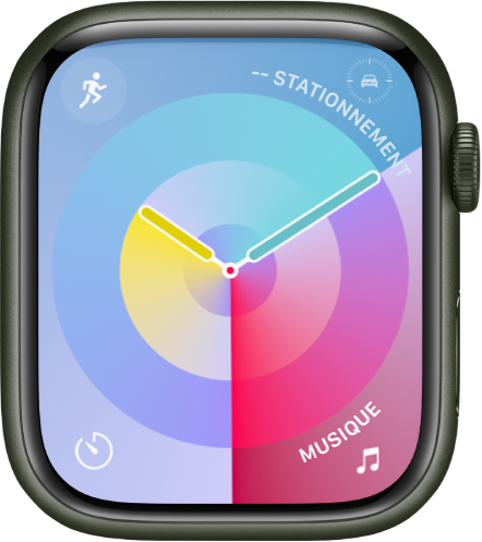 Le cadran Palette présentant une horloge analogique au milieu et quatre complications : Exercice en haut à gauche, Repère de stationnement en haut à droite, Minuteur en bas à gauche et Musique en bas à droite.