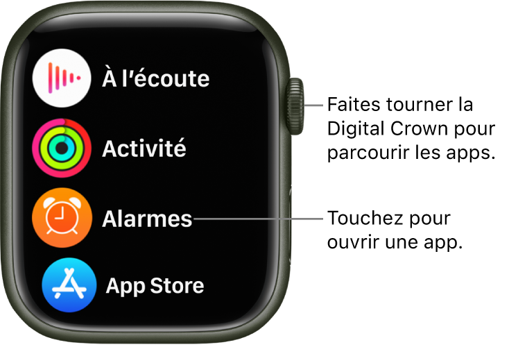 Écran d’accueil en présentation par liste sur l’Apple Watch, avec les apps disposées en liste. Touchez une app pour l’ouvrir. Faites défiler pour afficher plus d’apps.