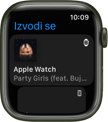 U aplikaciji Izvodi se prikazuje se popis uređaja. Glazba koja se reproducira na Apple Watchu nalazi se na vrhu popisa. Unos s iPhonea nalazi se ispod.