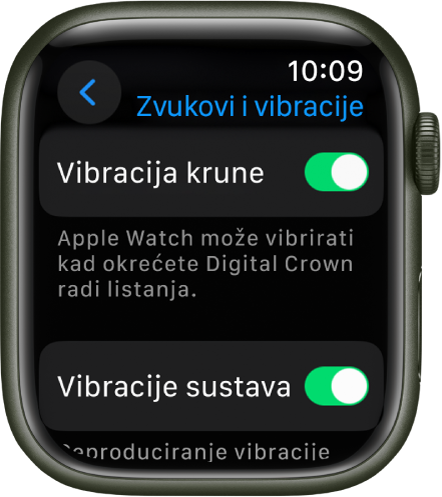 Zaslon Vibracije krune, s uključenim prekidačem Vibracija krune. Ispod se nalazi prekidač Vibracije sustava.