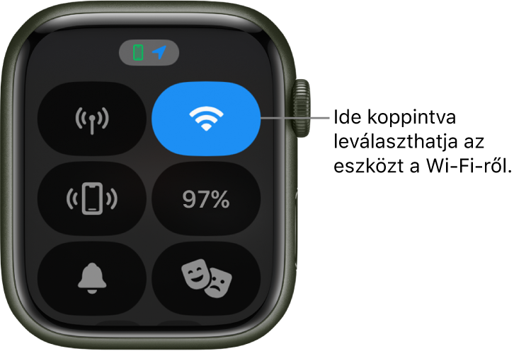 A Vezérlőközpont az Apple Watchon (GPS + Cellular), a jobb felső részen a Wi-Fi gombbal. A képaláírás szövege „Koppintson a Wi-Fi bontásához”.