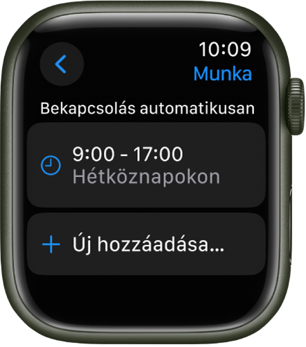 A „Munka” Fókusz képernyőjén egy reggel 9-től délután 5-ig tartó ütemezés látható a hétköznapokon. Alatta az Új hozzáadása gomb látható.