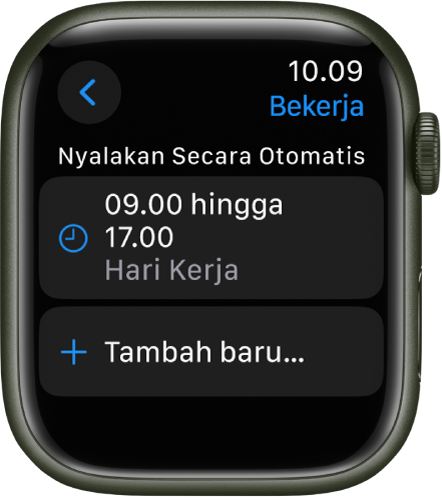 Layar Fokus Bekerja menampilkan jadwal dari 09.00 hingga 17.00 pada hari kerja. Tombol Tambah baru berada di bawah.