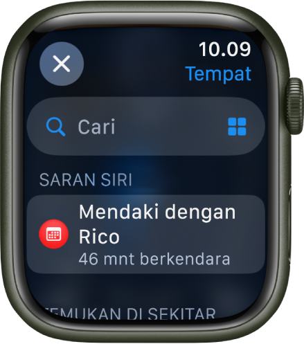 Layar Cari di app Peta, dengan bidang Cari di dekat bagian atas. Saran Siri muncul di bawah. Heading Temukan Di Sekitar muncul di bagian bawah.