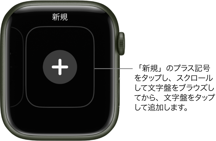 新しい文字盤の画面。中央にプラスボタンがあります。タップすると、新しい文字盤を追加できます。