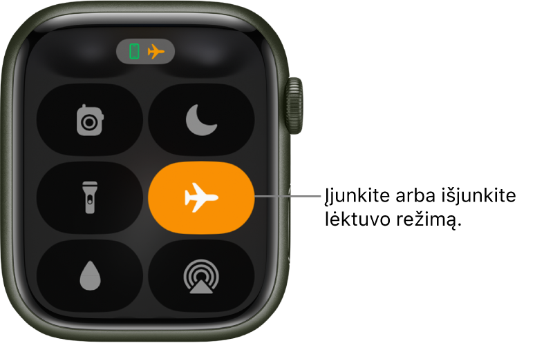 Ekranas „Control Center“, kuriame pažymėtas mygtukas „Airplane Mode“ nurodo, kad režimas „Airplane Mode“ įjungtas.