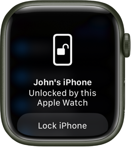 Apple Watch ekrāns, kurā ir redzam vārdi “John’s iPhone Unlocked by this Apple Watch.” Apakšā ir poga Lock iPhone.