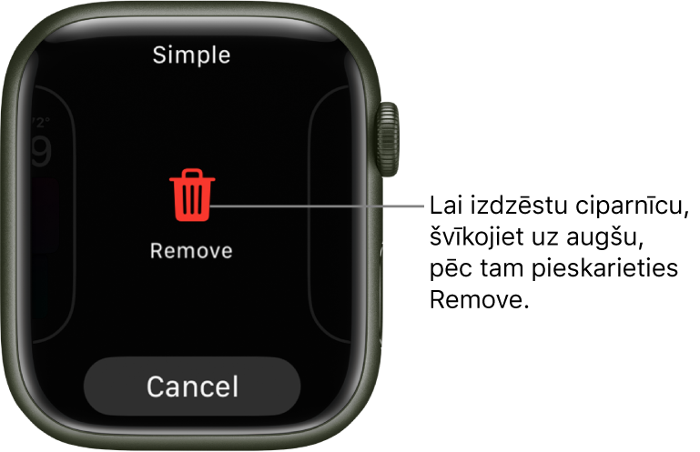 Apple Watch ekrāns, kurā ir redzamas pogas Remove un Cancel. Tās tiek rādītas, kad švīkojat līdz ciparnīcai un pēc tam švīkojat uz augšu, lai to izdzēstu.