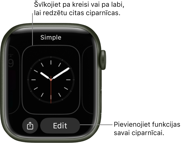 Kad pieskaraties ciparnīcai un turat, tiek parādīta pašreizējā ciparnīca, kuras apakšdaļā ir pogas Share un Edit. Ciparnīcas nosaukums ir ekrāna augšā. Švīkojiet pa kreisi vai pa labi, lai skatītu citas ciparnīcu opcijas. Pieskarieties papildinājumam, lai pievienotu vēlamos parametrus.