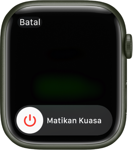 Skrin Apple Watch menunjukkan gelangsar Matikan. Seret gelangsar untuk nyahaktifkan Apple Watch.