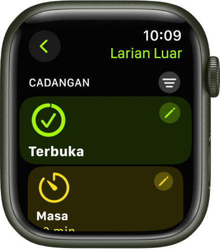 App Latihan menunjukkan skrin untuk mengedit latihan Berlari Luar. Jubin Buka berada di bahagian tengah dengan butang Edit berada di bahagian kanan atas. Sebahagian daripada jubin Masa berada di bahagian bawah.