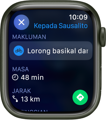 App Peta menunjukkan butiran untuk perjalanan berbasikal. Makluman tentang laluan kelihatan berdekatan bahagian atas, serta masa dan jarak ke destinasi kelihatan di bawah. Butang Pergi berada di bahagian kanan bawah.