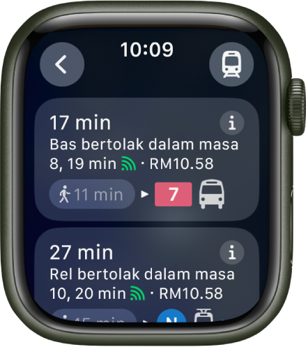 App Peta menunjukkan butiran untuk perjalanan transit. Butang Mod Pengangkutan berada di bahagian kanan atas dan butang Balik berada di bahagian kiri atas. Di bawah ialah dua bahagian pertama perjalanan—menaiki bas dan menaiki kereta api—dengan butiran untuk setiap satu.