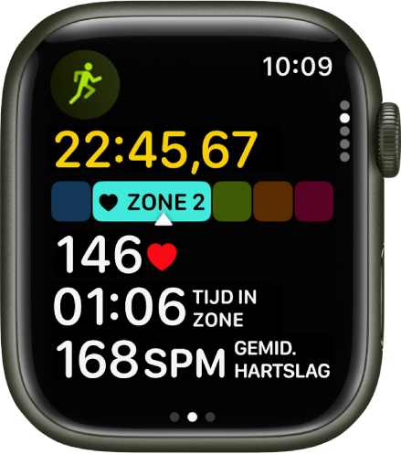 Een hardloopwork-out waarbij de verstreken tijd, de huidige zone, je hartslag, de tijd in de zone en je gemiddelde hartslag worden weergegeven.