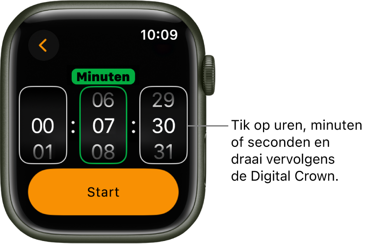 Instellingen voor een aangepaste timer, met links de uren, in het midden de minuten en rechts de seconden. Daaronder staat de startknop.