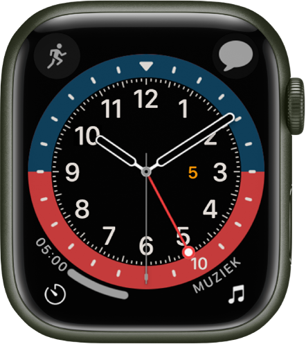 De wijzerplaat GMT, waarvan je de wijzerplaatkleur kunt aanpassen. Er worden vier complicaties weergegeven: linksboven Work-out, rechtsboven Berichten, linksonder Timer en rechtsonder Muziek.
