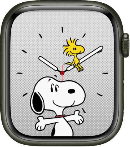 De wijzerplaat Snoopy, met Snoopy en Woodstock. Snoopy lacht en poseert met zijn armen uitgestoken. Woodstock zit tevreden op de minutenwijzer.