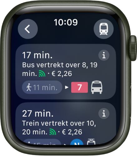 De Kaarten-app met de details van een ov-route. Rechtsboven bevindt zich de vervoerswijzeknop en linksboven de terugknop. Daaronder staan de eerste twee etappen van de reis (een busrit en een treinreis), met details over beide etappen.