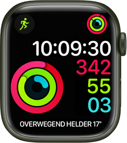 De wijzerplaat Activiteit digitaal die de tijd laat zien en aangeeft wat je vorderingen zijn ten opzichte van je dagelijkse doel voor bewegen, trainen en staan. Er zijn ook drie complicaties: linksboven Work-out, rechtsboven Activiteit en onderin de complicatie Weersomstandigheden.