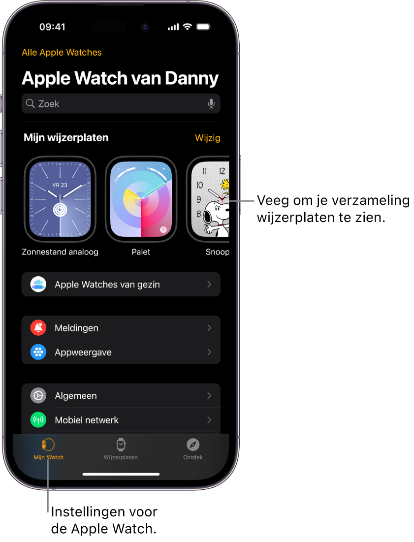 De Apple Watch-app op de iPhone waarin het scherm 'Mijn Watch' is geopend, met bovenin de wijzerplaten en onderin de instellingen. Onder in het scherm van de Apple Watch-app staan drie tabbladen: links 'Mijn Watch', waar je de Apple Watch kunt instellen; daarnaast 'Wijzerplaten', waarmee je de beschikbare wijzerplaten en complicaties kunt bekijken; en daarnaast 'Ontdek', waar je meer informatie over je Apple Watch vindt.