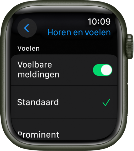 Instellingen voor horen en voelen op de Apple Watch, met de schakelaar 'Voelbare meldingen' en daaronder de opties 'Standaard' en 'Prominent'.