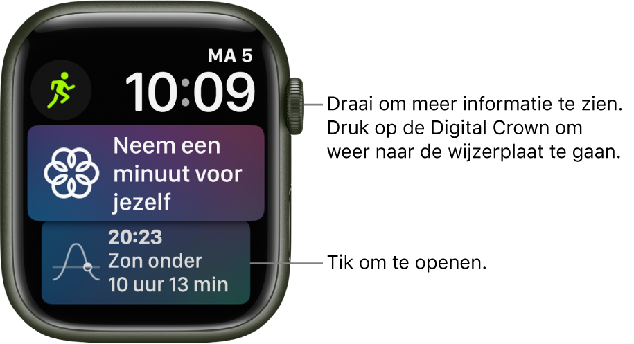 De wijzerplaat Siri met rechtsbovenin de datum en tijd. Linksbovenin staat de complicatie Work-out. Daaronder bevindt zich de complicatie Mindfulness. Onderin staat de complicatie Zon op/onder.