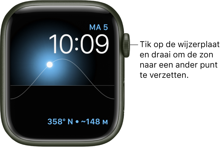 De wijzerplaat Zonnestand toont de dag, de datum en de actuele tijd. Dit kun je niet wijzigen. Rechtsonderin bevindt zich de complicatie Kompasrichting. Tik op de wijzerplaat en draai de Digital Crown om de zon te verzetten naar dageraad, hoogste punt, zonsondergang, schemerdonker en laagste punt.