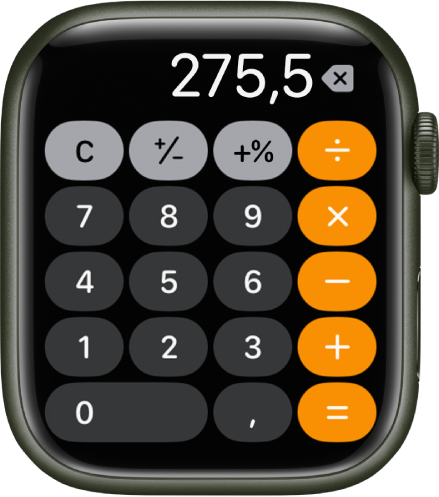 Apple Watch wyświetlający aplikację Kalkulator. Na ekranie widoczna jest typowa klawiatura numeryczna z klawiszami działań matematycznych po prawej. Na górze znajdują się klawisze C, plus, minus i napiwek.