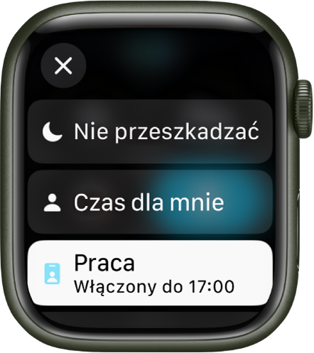 Lista trybów skupienia: Nie przeszkadzać, Czas dla mnie i Praca. Aktywny jest tryb skupienia Praca.