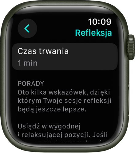 Ekran aplikacji Uważność. W prawym górnym rogu widoczny jest czas trwania, równy jedną minutę. Poniżej wyświetlane są wskazówki, dzięki którym możesz wzbogacić swoją sesję refleksji.