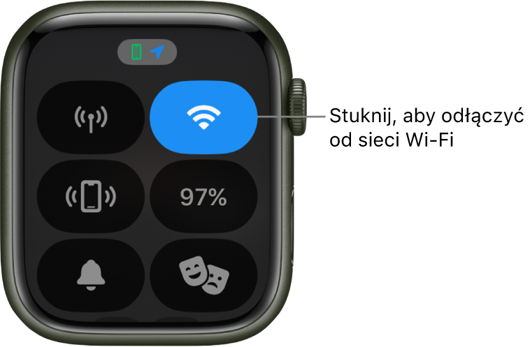 Centrum sterowania na Apple Watch (GPS + Cellular) z przyciskiem Wi‑Fi w prawym górnym rogu. Widoczny jest następujący opis: Stuknij, aby odłączyć się od sieci Wi‑Fi.