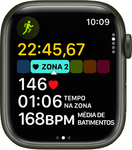 Um exercício de corrida em andamento mostra o tempo decorrido do exercício, a zona na qual você está, os batimentos, o tempo na zona e a média de batimentos.