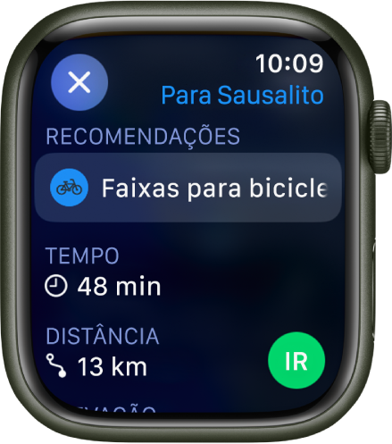 App Mapas mostrando os detalhes de um percurso de bicicleta. Avisos sobre a rota são exibidos próximo à parte superior, com o tempo e a distância até o destino abaixo disso. O botão Ir está na parte inferior direita.