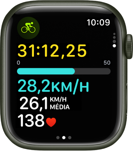 Um exercício de bicicleta em andamento mostra o tempo decorrido do exercício, a velocidade, a velocidade média e os batimentos.