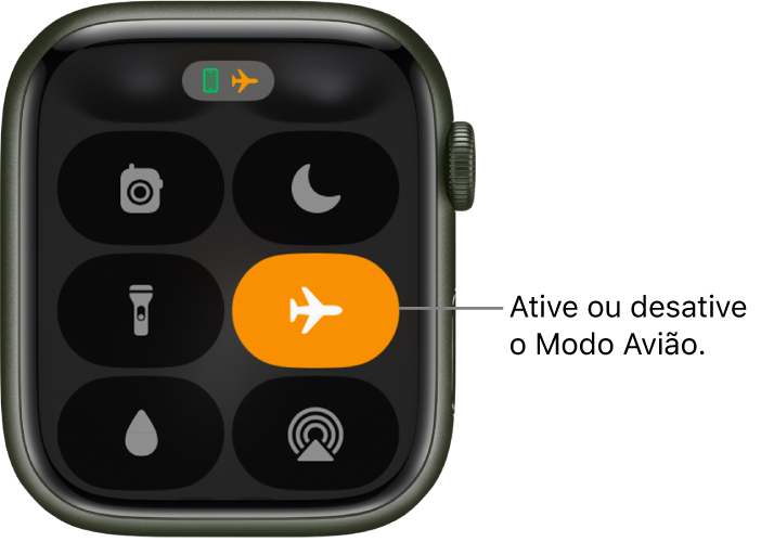 Central de Controle com o botão Modo Avião destacado para mostrar que o Modo Avião está ativado.