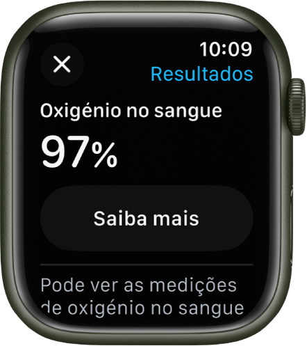 O ecrã de resultados de Oxigénio no Sangue mostra uma saturação de oxigénio no sangue de 97 por cento. O botão “Saber mais” está por baixo.