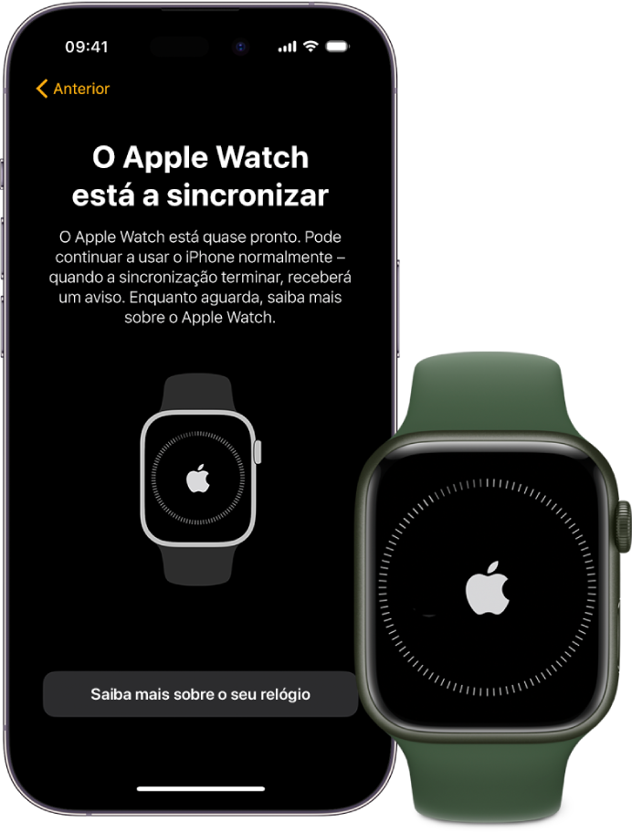 Um iPhone e um Apple Watch, com os respetivos ecrãs de sincronização.