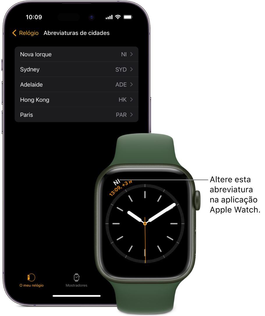 Um iPhone e um Apple Watch, lado a lado. O ecrã do Apple Watch mostra as horas em Nova Iorque, cidade indicada pela abreviatura NYC. O ecrã do iPhone mostra uma lista de cidades nas definições do Relógio, na aplicação Apple Watch.