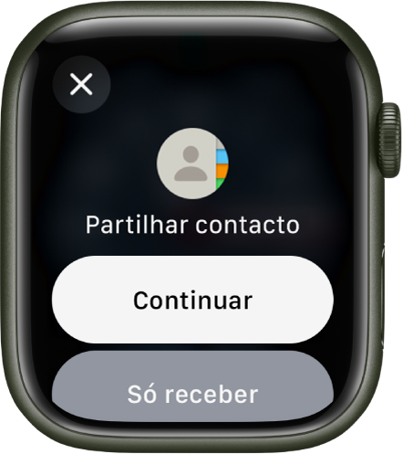 O ecrã NameDrop com dois botões: Continuar, que permite receber um contacto, assim como partilhar o seu, e Receber apenas, para receber apenas as informações de contacto da outra pessoa.